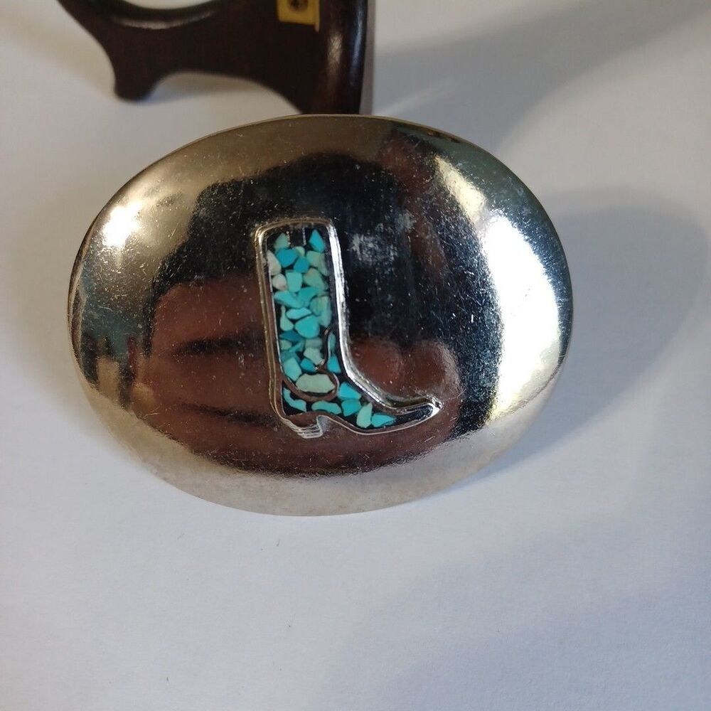 Vintage Cowboy Boot Belt Buckle Faux Turquoise Inlay Zuni Style Western Boho
